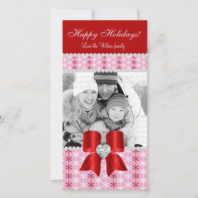 Tarjeta de foto navideña Red Pink Snow Bow 3 (Anverso)