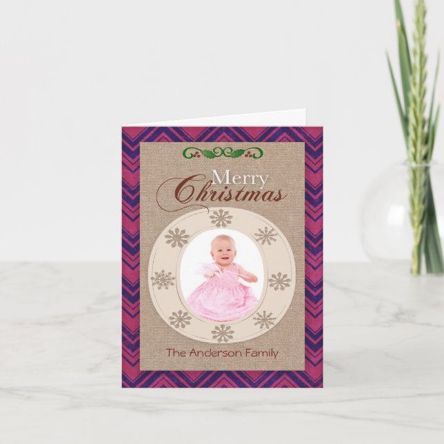 Tarjeta de foto navideña Rusa Canvas Rosa Chevron (Anverso)