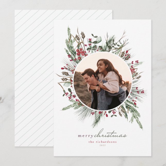 Tarjeta de foto navideña Wreath de Winter Foliage (Anverso / Reverso)