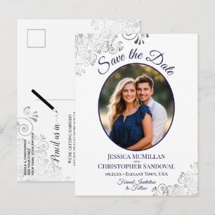 Tarjeta de Foto para Anuncio de Boda en Plata y Az