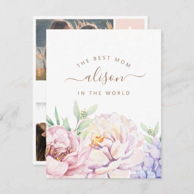 Tarjeta de Foto Personalizada Floral para Mamá (Anverso / Reverso)
