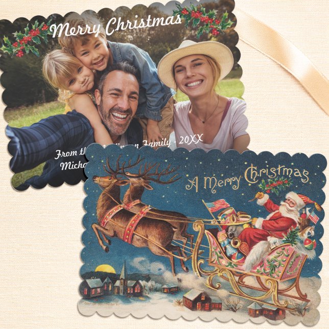 Tarjeta de foto plana Patriótica Santa Merry Chris (Flat, 2 sided Christmas photocard with vintage, patriotic American Santa Claus)