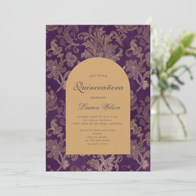 tarjeta de foto real damascal púrpura quinceanera (Anverso de pie)