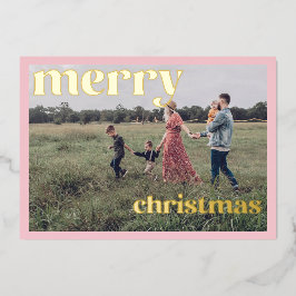 Tarjeta de Foto Rosa con Hoja de Oro Feliz Navidad