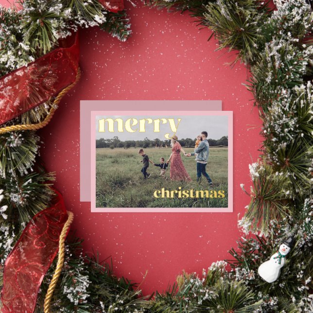 Tarjeta de Foto Rosa con Hoja de Oro Feliz Navidad (in situ)