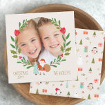 Tarjeta de foto satírica Cute Santa Navidades<br><div class="desc">Parte delantera con corona y santa linda - parte trasera con diseño de patrones de navidades Cute en la parte trasera con símbolos de la naturaleza dibujados a mano hombres de nieve,  renos,  holly,  nieve, </div>