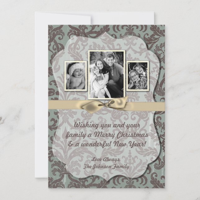 Tarjeta de FOTO XMAS Blue Damask Fabric para Navid (Anverso)