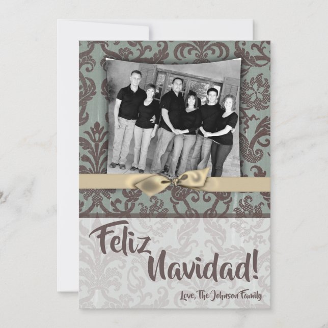 Tarjeta de FOTO XMAS Blue Damask Fabric para Navid (Anverso)