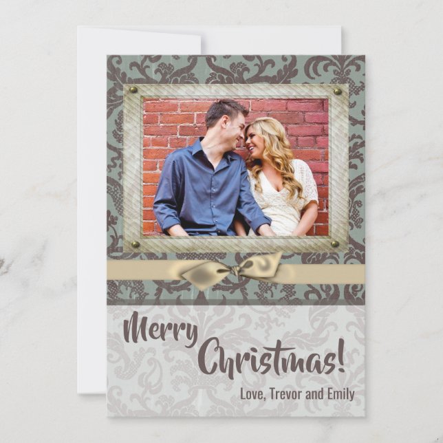 Tarjeta de FOTO XMAS Blue Damask Fabric para Navid (Anverso)