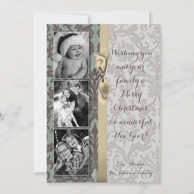 Tarjeta de FOTO XMAS Blue Damask Fabric para Navid (Anverso)