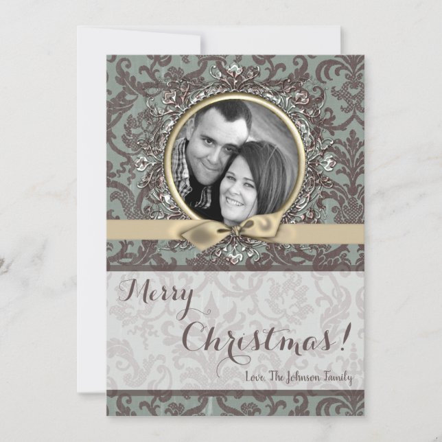 Tarjeta de FOTO XMAS Blue Damask Fabric para Navid (Anverso)