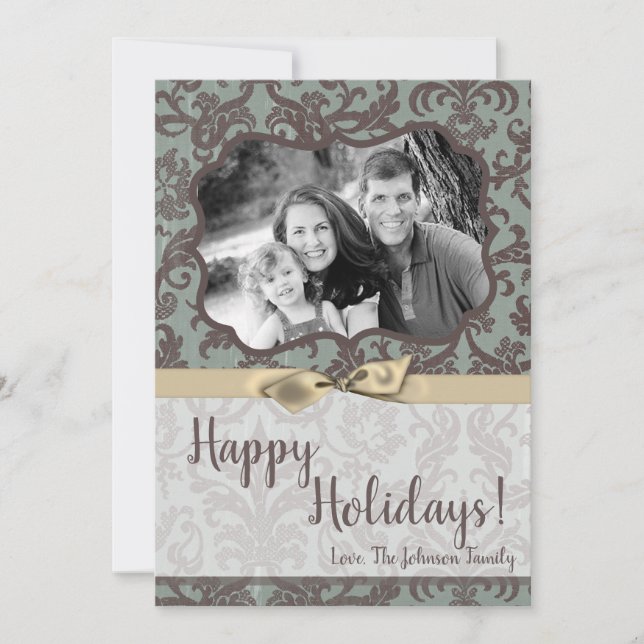 Tarjeta de FOTO XMAS Blue Damask Fabric para Navid (Anverso)