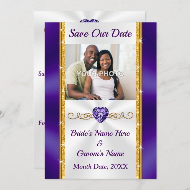 TARJETA DE FOTOGRAFÍA, Boda de Morado y Dorado, Ta (Anverso / Reverso)