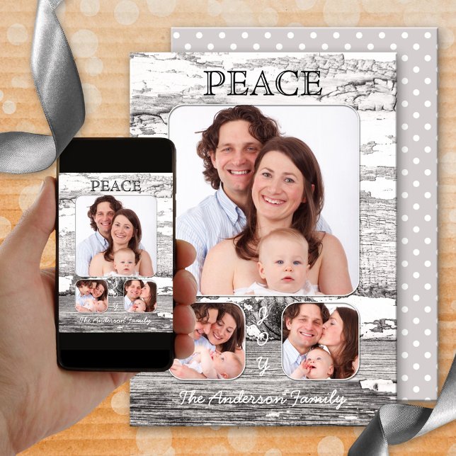 Tarjeta de fotografía de Navidad Retro Rustic Wood (A retro Christmas card featuring your own photos framed by a rustic wood design)