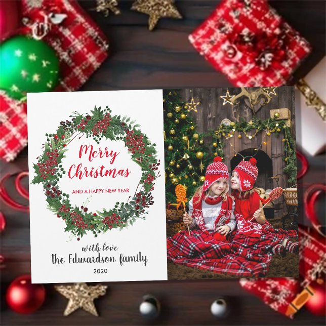 Tarjeta de fotografía magnética de la familia Rust (Rustic Merry Christmas family magnetic photo card. You can add your own text, photo and names.)