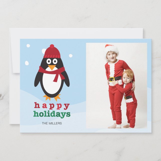 Tarjeta de fotos de Felices Fiestas con Pingüino - (Anverso)