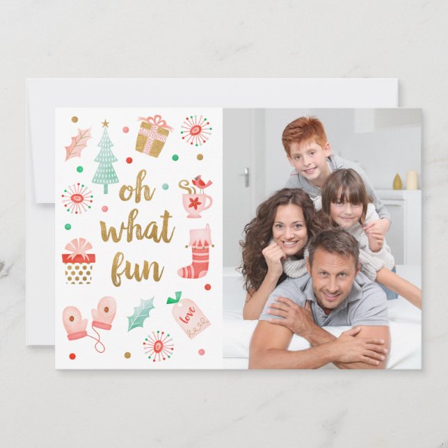 Tarjeta de fotos de Navidad Gold Oh What Fun (Anverso)