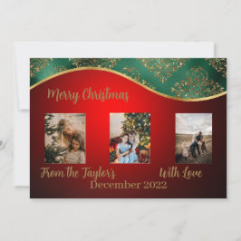 Tarjeta de fotos de Navidad roja con borde verde y