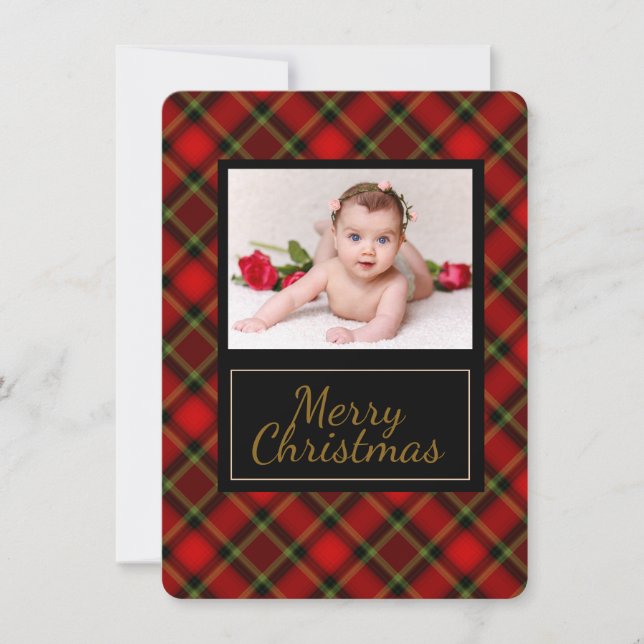 Tarjeta de fotos de navidad Rustic Plaid Merry (Anverso)