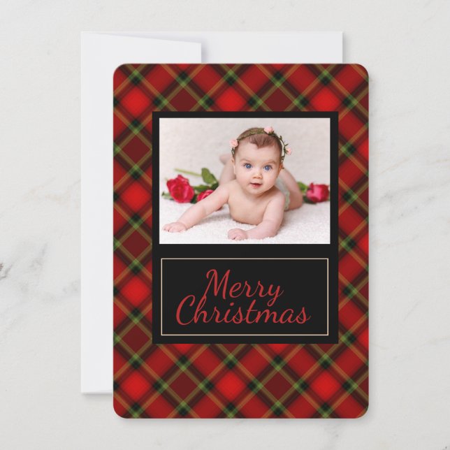 Tarjeta de fotos de navidad Rustic Plaid Merry (Anverso)