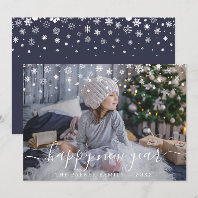 Tarjeta de fotos de Snow Happy New Año (Anverso / Reverso)