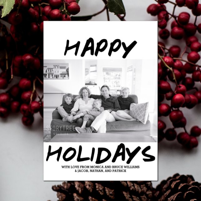 Tarjeta de fotos de Trendy Happy Holidays | Negro (Black Trendy Happy Holidays Photo Card)