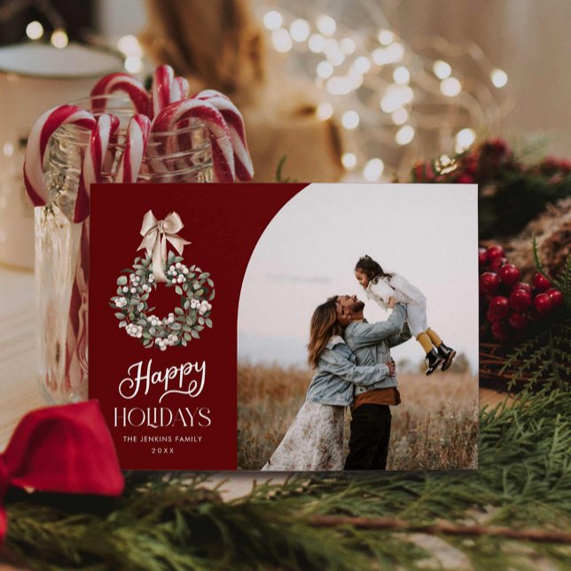 Tarjeta de fotos Elegant Script Happy Holidays (Happy Holidays Burgundy One Photo Greeting Card)