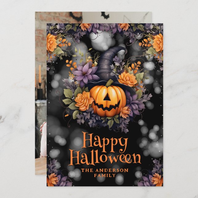 Tarjeta de fotos florales Jack O’Lantern Halloween (Anverso / Reverso)