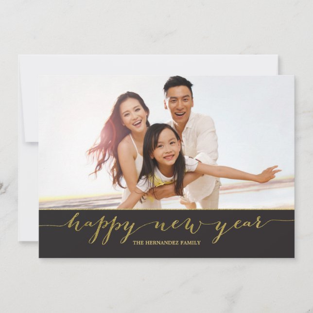 Tarjeta de fotos Gold Script Happy New Year (Anverso)