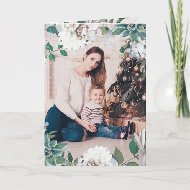 Tarjeta de fotos navideña de la floral de la alegr (Anverso)