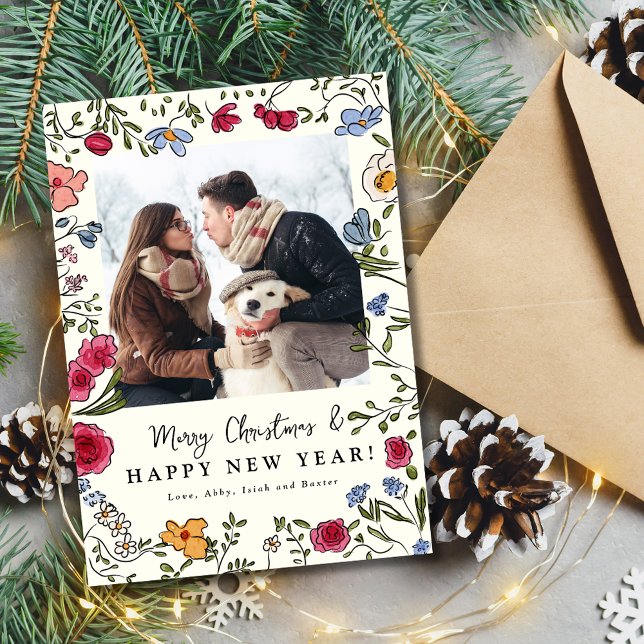 Tarjeta de fotos navideñas florales caprichosas di (Whimsical Hand Drawn Floral Holiday Photo Card)