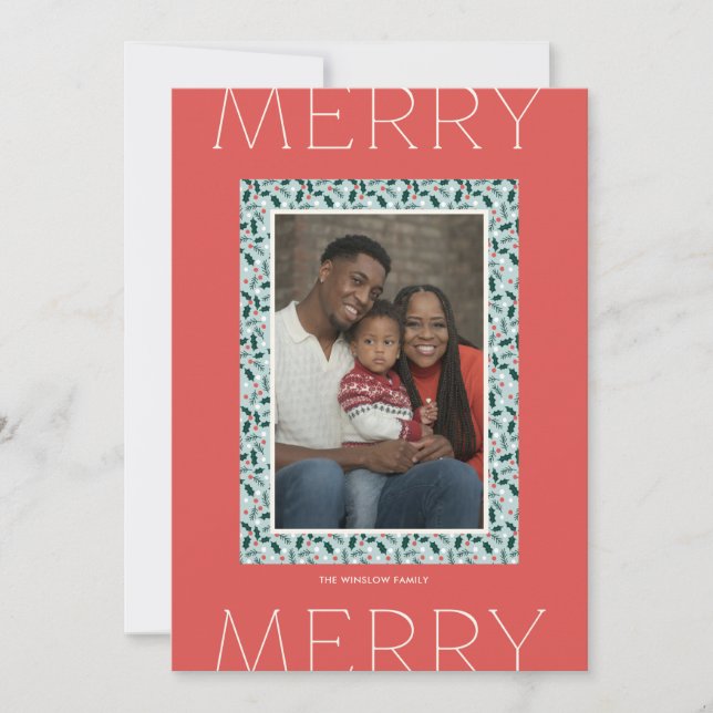 Tarjeta de Fotos Navideñas Merry Holly Days (Rojo) (Anverso)