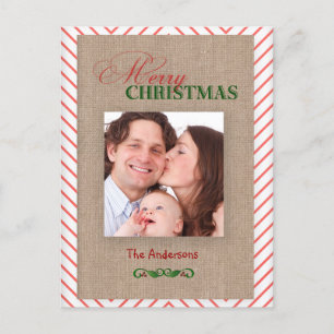 Tarjeta de fotos navideñas Red Chevron y Burlap