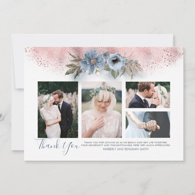 Tarjeta de fotos Rosa de Boda dorado y azul turbio (Anverso)