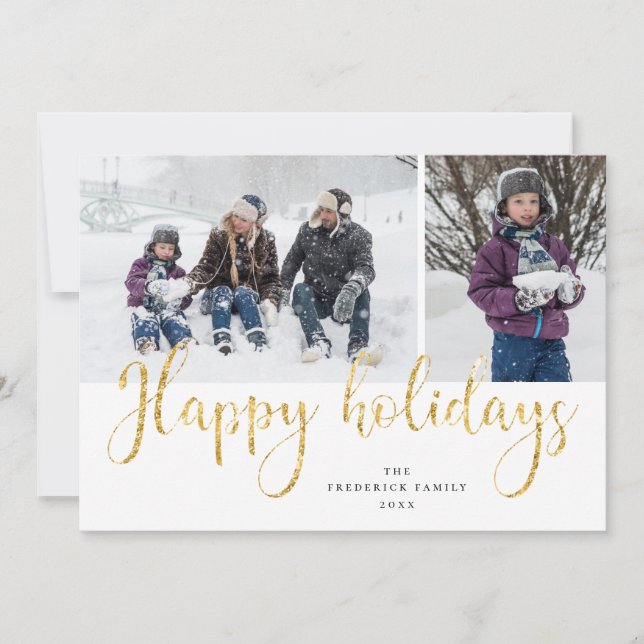 Tarjeta de fotos Tartan de Gold Script Happy Holid (Anverso)