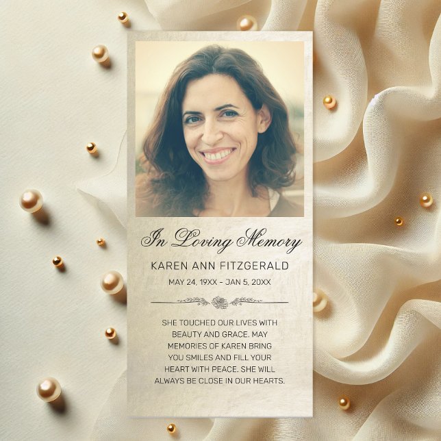 Tarjeta de funerales de oro con guión elegante par (Chic Gold Shimmer Photo Funeral Card)
