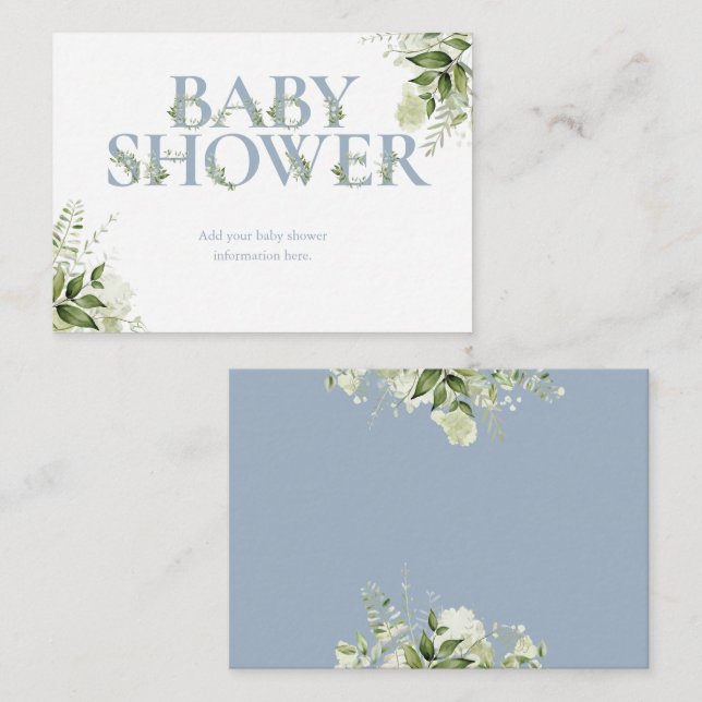 Tarjeta de gabinete Baby Shower Dusty Blue Greener (Anverso / Reverso)