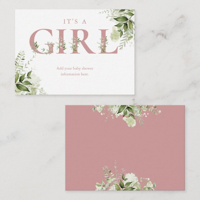 Tarjeta de gabinete Baby Shower Dusty Rosa Greener (Anverso / Reverso)