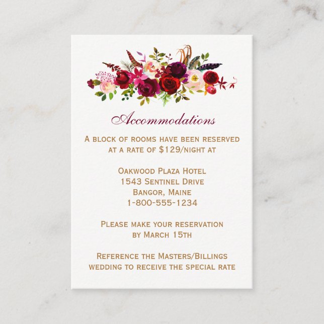 Tarjeta de gabinete boda - Floral borgoñona, pluma (Anverso)