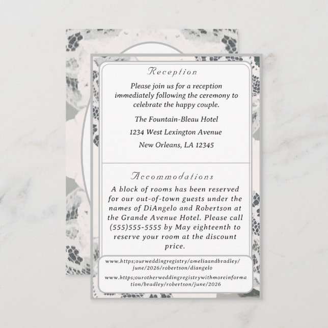 Tarjeta de gabinete de Boda de encaje rosa de cham (Anverso / Reverso)