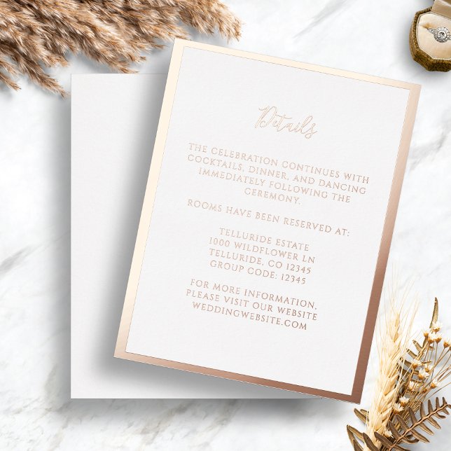Tarjeta de gabinete de Boda de Relieve metalizado  (Rose Gold Border Modern Simplet Foil Wedding Details Enclosure Card by Painted Paperie
)