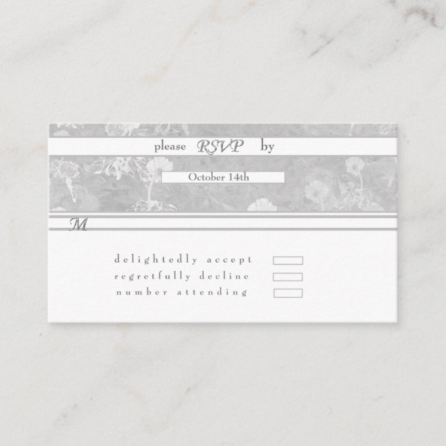 Tarjeta de gabinete de Boda floral RSVP Silver (Anverso)
