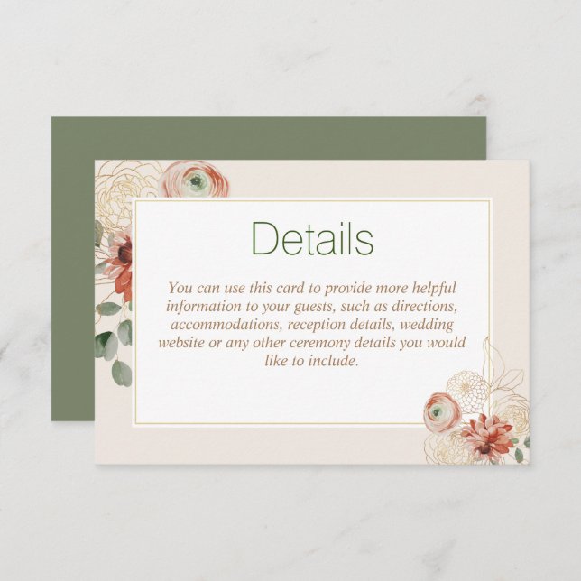 Tarjeta de gabinete de Boda floral Sage Green Gold (Anverso / Reverso)