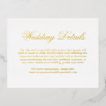 Tarjeta de gabinete de boda formal elegante tradic<br><div class="desc">Tarjeta de gabinete boda de Relieve metalizado oro de estilo tradicional con la palabra "detalles" en una caligrafía elegante. Utilice estas tarjetas para proporcionar instrucciones y cualquier otro detalle importante de los bodas que sus huéspedes puedan necesitar, como alojamiento en el hotel, aparcamiento, información de transporte, etc. Esta tarjeta de...</div>