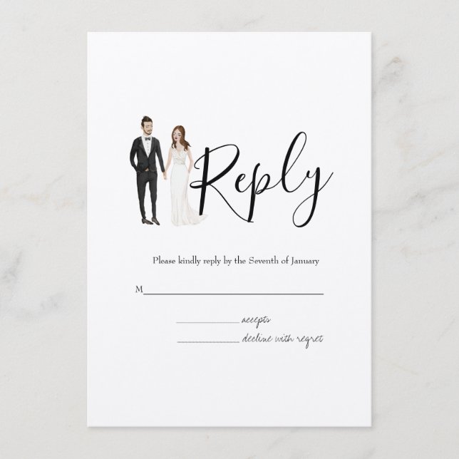 Tarjeta de gabinete de Boda RSVP de pareja ilustra (Anverso)