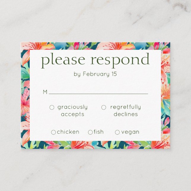Tarjeta de gabinete de Boda RSVP floral tropical b (Anverso)