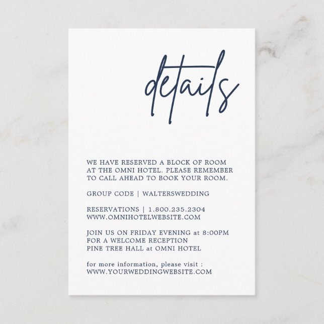 Tarjeta de gabinete de detalles azul de la marina (Anverso)