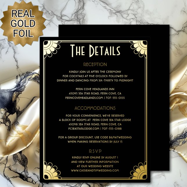 Tarjeta de gabinete de detalles de Boda Art Deco B (Vintage black and gold art deco retro floral wedding details enclosure card with real gold foil)