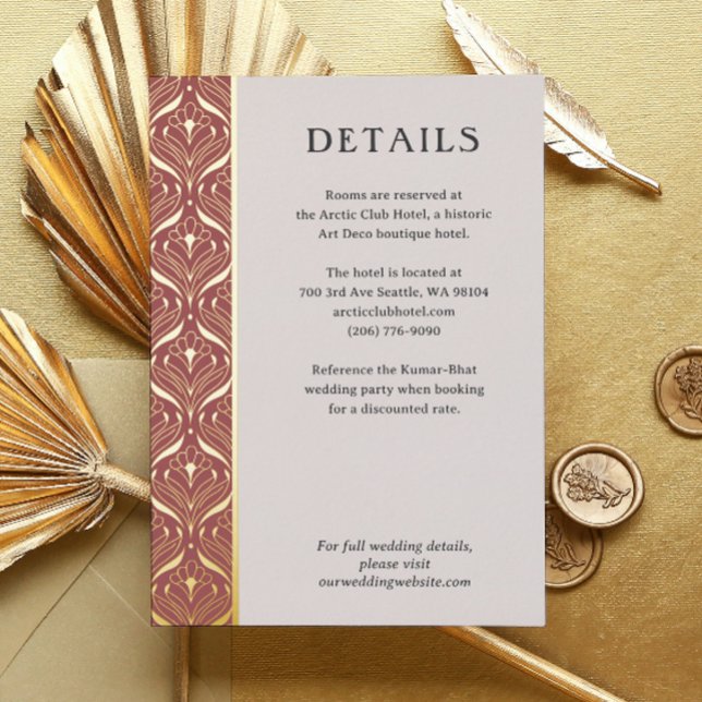 Tarjeta de gabinete de detalles de Boda Art Deco L (art deco wedding details enclosure card, indian wedding invitation suite, gold foil hotel info card)