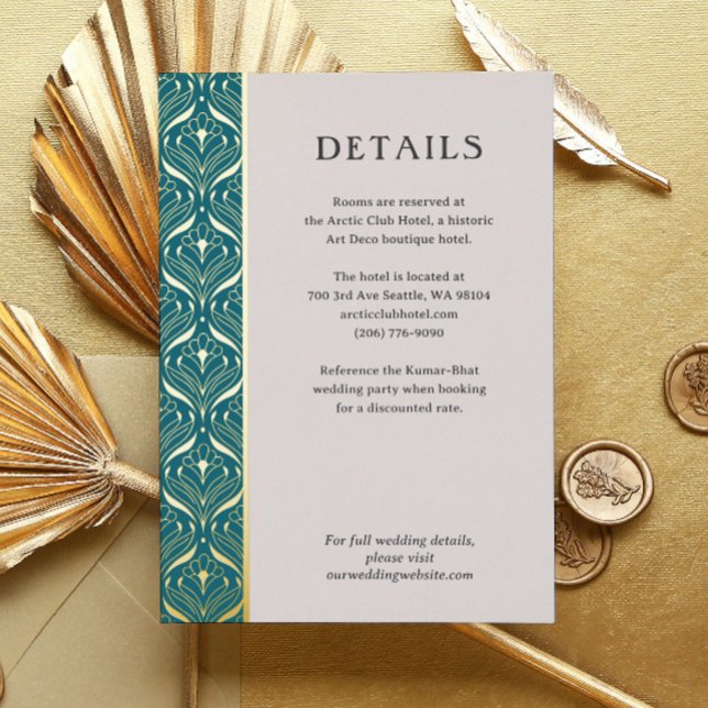 Tarjeta de gabinete de detalles de Boda Art Deco L (art deco wedding details enclosure card, indian wedding invitation suite, gold foil hotel info card)